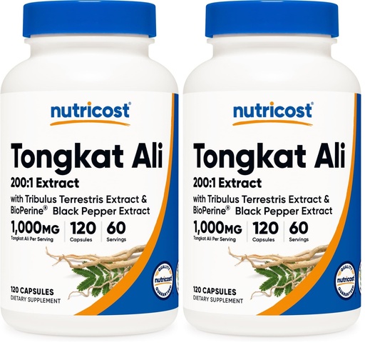 [BRSRGYL4CADWA2Y4] Nutricost Tongkat Ali 1,000mg 120 Capsules - with Tribulus Terrestris and BioPerine, Vegetarian Caps, Non-GMO, Gluten Free, Potent Extract (Pack of 2)