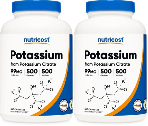 [BRSRGYL4DEMQ22D7] Nutricost Potassium Citrate 99mg, 500 Capsules (Pack of 2)