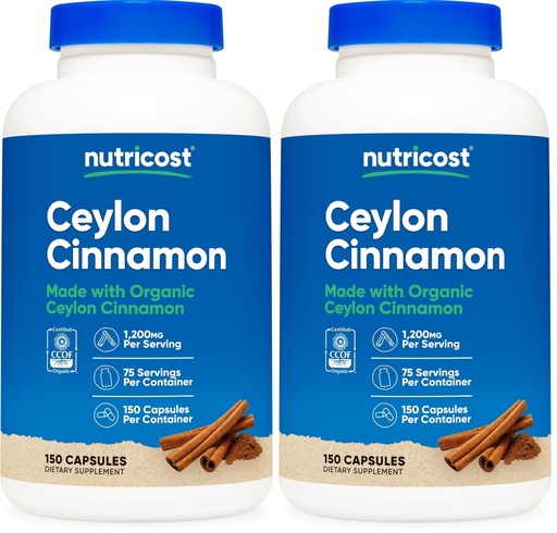 [BRSREAAFAQMQK3LU] Nutricost Organic Cinnamon (Ceylon Cinnamon) 1,200mg Serving, 150 Capsules - Gluten Free, Non-GMO (Pack of 2)