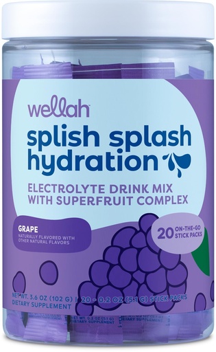 [BRSRA2TYC4HBG23Z] Wellah Splish Splash Hydration (Grape Flavor) 20 Stick Packs - Electrolyte Drink Mix with Superfruit Complex