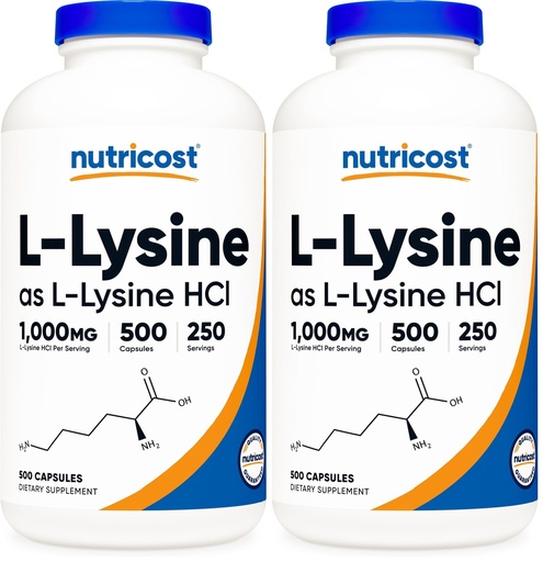 [BRSRGYL4C4CAAGYY] Nutricost L-Lysine 1000mg Per Serving, 250 Servings, 500 Capsules - Gluten Free, Non-GMO, 500mg Per Capsule (Pack of 2)