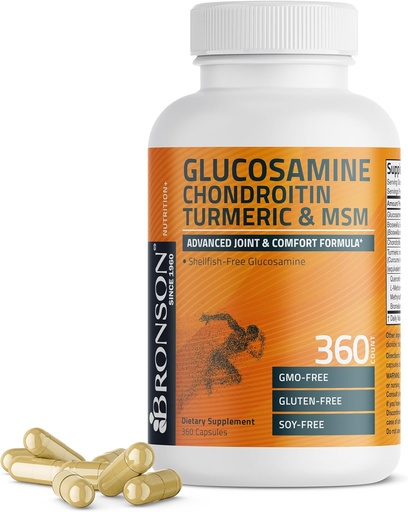 [BRSROZQPCENAIALV] Bronson Glucosamine Chondroitin Turmeric & MSM Advanced Asiya və Cartilage Formula, Dövlət Asiyaları, Mobility və Avtomobiltilage - Qeyri-GMO, 360 Capsules