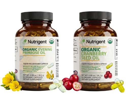 [BRSREHAEOEDWAHYU] Organic Evening Primrose Oil + Cranberry Seed Oil Supplement Bundle, 940 mg Each, 100% Pure with Omegas & GLA, Cold Pressed Liquid Organic Capsules, Women’s Health, Skin Support