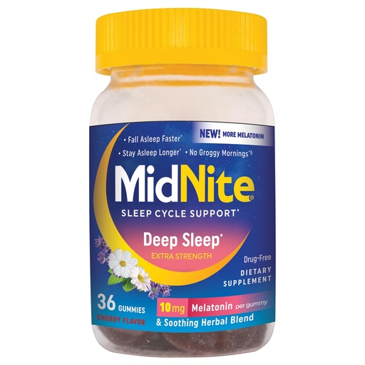 [BRSWGBQLOYNAYC3J] MidNite Deep Sleep Extra Strength, 10 mg Melatonin Sleep Aid, Non-habit Forming, Herbal Dietary Supplement For Adults, Drug-free, Gluten-free, Lactose-free, Vegetarian-friendly, 36 Gummies