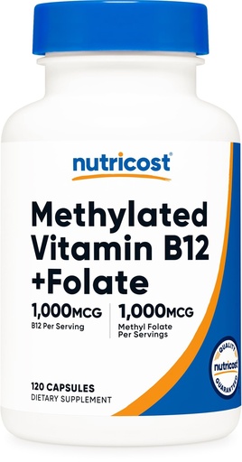 [BRSREHAPCF4BSCLZ] Nutricost Methylated Vitamin B12 + Folate Supplement (2,000 mcg) 120 Capsules - 1,000 mcg of Vitamin B12 + 1,000 mcg of Methyl Folate, Gluten-Free, 60 Servings