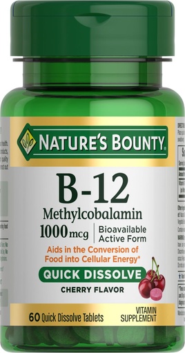 [BRSRAYANDIFAO3IU] Nature's Bounty Vitamin B-12 Quick Dissolve Tablets, 1000mcg, Aids in the Conversion of Food into Cellular Energy, Cherry Flavor, 60ct
