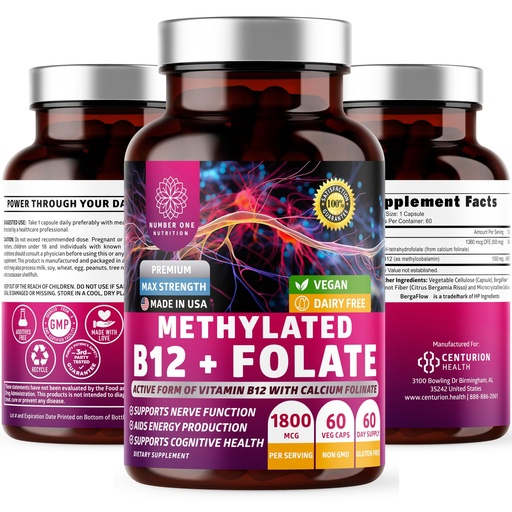 [BRSREGQBPJ7W2DIU] Number One Nutrition Premium Methylated B12 + Folate Supplement for Energy, Cognition and Nerve Support, 60 Vegan Capsules, Non-GMO and Gluten-Free