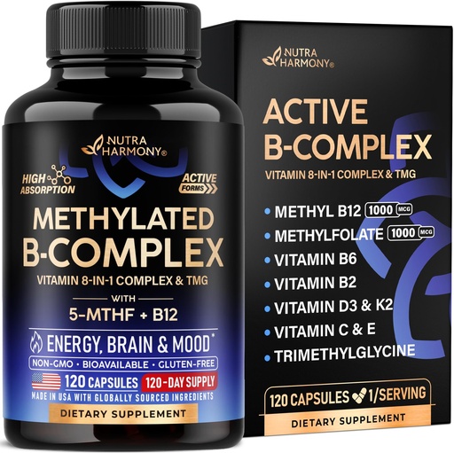 [BRSREBIKBVYR6HL5] Vitamin B Complex Methylated - B-Complex with Methylfolate & B12 - Bioavailable for Men & Women - 9-in-1 Methylated Multivitamin - Energy, Brain & Mood - Vegan - Made in USA - 120 Capsules, One/Day