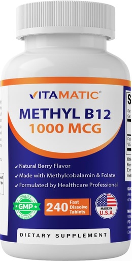 [BRSRE2YQCV7WAA3O] Vitamatic Methyl B12 1000 mcg with Folic Acid – Natural Berry Flavor – 240 Fast Dissolve Tablets – Methylcobalamin Vitamin B12 for Energy & Nervous System Support – Vegan & Non-GMO Supplement