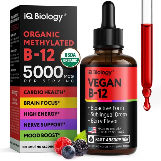 [BRSRECTQC4DWEYLK] Organic Vitamin B12 Liquid Drops - Sublingual Methylcobalamin 5000 mcg - Methylated B-12 Active Coenzyme Form - Energy & Nerve System Support - Vegan Vit B 12 - USA Made - Berry Flavor - 60 servings
