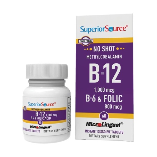[BRSWIYIICF7R2HDO] Superior Source No Shot Vitamin B-12 Methylcobalamin 1000 mcg, B-6 & Folic Acid 800 mcg - Supports Brain & Heart Health - Aids Natural Energy Levels - 60 Sublingual Dissolving Tablets