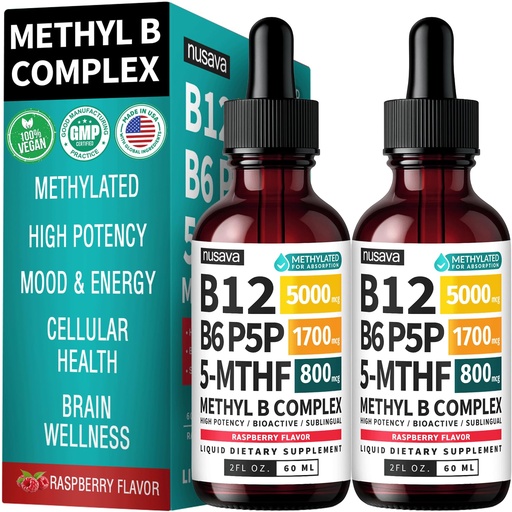 [BRSREEIBOIPGKCLZ] (2-Pack) Methylated B Complex Liquid Drops - Vitamin B Complex with Active L Methylfolate - B12 Sublingual Drops - Vegan B12 Vitamin 5000mcg, Non-GMO, Raspberry Flavor, No Sugar, 2 Fl oz, 80 Servings