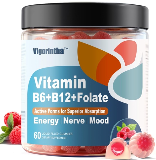 [BRSREBITPMOW2H33] Methylated Vitamin B6, B12 & Folate Gummies, Vitamin B6 Supplement with Methylated B12& L-Methylfolate for Energy, Brain & Nerve, Sugar Free, Vegan, 60 Gummies.