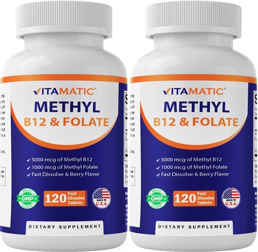 [BRSREFA5CF7G2CLG] Vitamatic Methyl Folate & B12 Supplement with Pyridoxal 5 Phosphate (P-5-P) - Promotes Cardiovascular Health & Energy Metabolism - 120 Fast Dissolve Tablets - Non GMO & Gluten Free-2 Pack