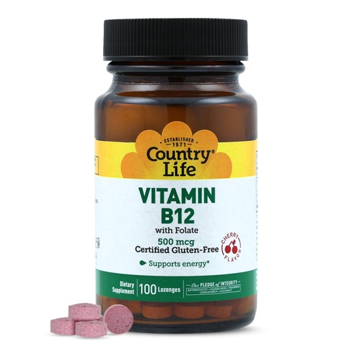[BRSWIYT3PMMBGH36] Country Life Vitamin B12 with Folate, Supports Energy & Red Blood Cell Production, 500mcg, 100 Lozenges, Certified Gluten Free, Vegan, Halal, Non-GMO Verified