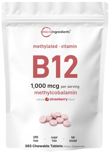[BRSRAGL7O4JRGEQZ] Micro Ingredients Vitamin B12 1,000 mcg | Methylcobalamin – 365 Chewable Tablets | Fast Dissolve, Natural Strawberry Flavor | Supports Energy & Metabolism Health | Vegan, Non-GMO, Gluten Free