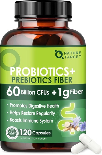 [BRSRAYABBYFWCYLD] Probiotics for Women & Men Digestive Health with Prebiotic Fiber - Fiber Supplement with 60 Billion Probiotic for Regularity & Gut Cleanse - Supports Occasional Constipation - 120 Veggie Capsules