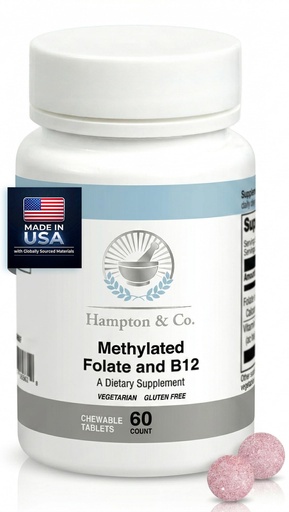 [BRSRGAA6CJYGO3Y3] Hampton Distribution Methylated B12 & Folate Complex | Once-Daily Chewable Supplement for Energy Production & Cardiovascular Health | 60 Chewable Folate and B12 Supplement Tablets