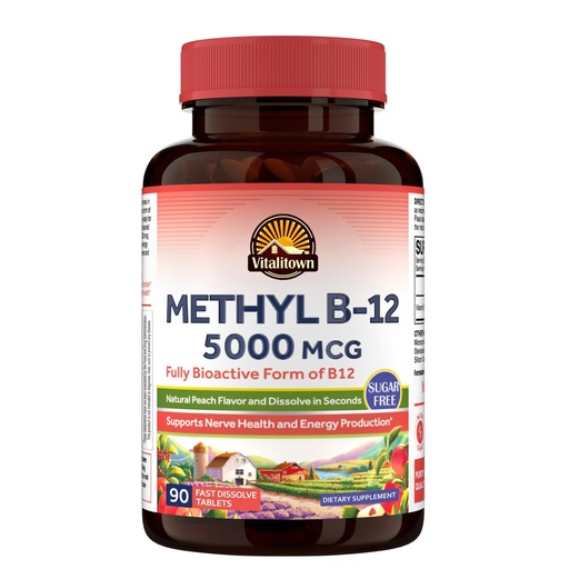 [BRSW2BT7BAIGAHLG] Vitalitown Vitamin B12 (Methyl B12) 5000 mcg, Fully Bioactive Form, Support Energy Production, Natural Peach Flavor, Zero Sugar, 90 Fast Dissolve Tablets