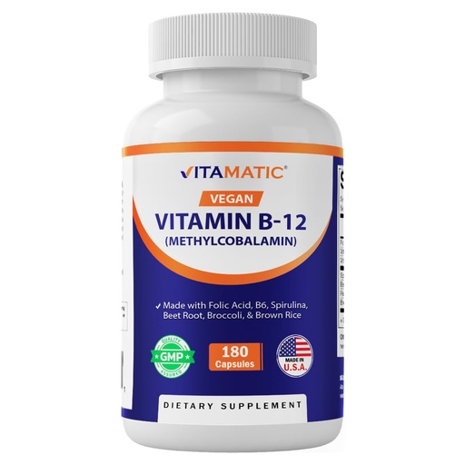 [BRSRECYKBYMWOCD7] Vitamatic Vegan B12 1000 mcg - Methyl B12 with Folic Acid, Vitamin B6, Spirulina, Beet Root, Broccoli & Brown Rice - Supports Healthy Mood, Energy, Heart & Eye Health - 180 Capsules