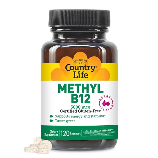 [BRSWIYYFAABAEGDY] Country Life Methyl B12, 3000 mcg Lozenges, Supports Energy & Stamina, Metabolism & Red Blood Cell Production, Berry Flavor, 120 Vegan Lozenges, Certified Gluten Free & Halal