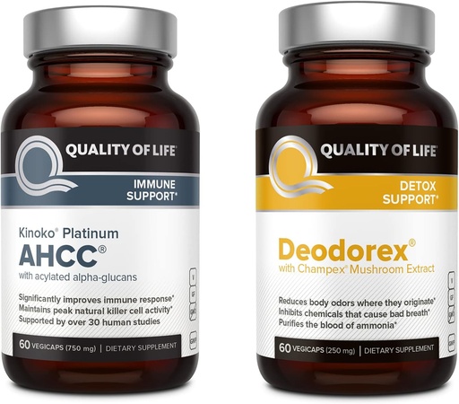 [BRSWYEA5OUMAI33K] Quality of Life All Natural Immune Support and Detox Bundle - Kinoko Platinum AHCC Mushroom Extract - Deodorex Detox Support supplement