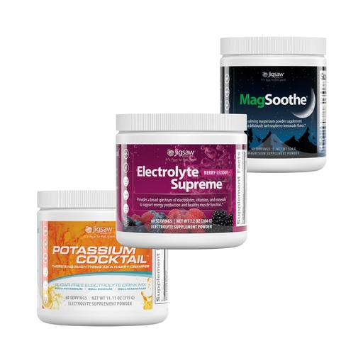 [BRSRAYL2C5YBS3TX] Jigsaw Pickleball Hydration Stack | Potassium Cocktail (Orange), Electrolyte Supreme (Berry-Licious), and MagSoothe (Raspberry Lemonade), 60 Servings (Jar)
