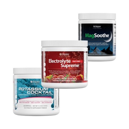 [BRSRAYL2CR5Q2H3L] Jigsaw Pickleball Hydration Stack | Potassium Cocktail (Blue), Electrolyte Supreme (Fruit Punch), and MagSoothe (Raspberry Lemonade), 60 Servings (Jar)