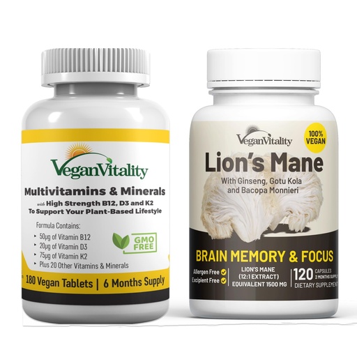 [BRSROFQBOB6QEA33] Vegan Vitality Brain Nutrition Bundle - Lions Mane Nootropic Capsules and Vegan Multivitamins. High Strength Plant-Based Supplements for Memory and Focus and Overall Health for Vegans and Vegetarians