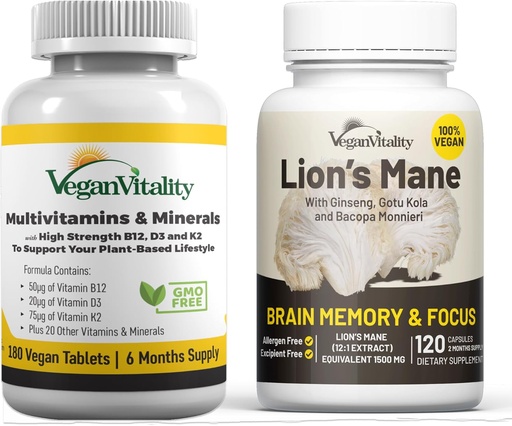 [BRSROFQBOB6QEA33] Vegan Vitality Brain Nutrition Bundle - Lions Mane Nootropic Capsules and Vegan Multivitamins. High Strength Plant-Based Supplements for Memory and Focus and Overall Health for Vegans and Vegetarians