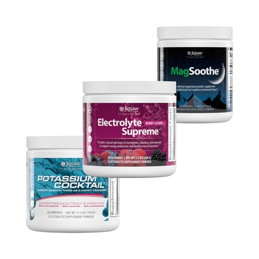 [BRSRAYL2CAPAG2DH] Jigsaw Pickleball Hydration Stack | Potassium Cocktail (Blue), Electrolyte Supreme (Berry-Licious), and MagSoothe (Raspberry Lemonade), 60 Servings (Jar)