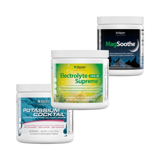 [BRSRAYL2CR5BMC3L] Jigsaw Pickleball Hydration Stack | Potassium Cocktail (Blue), Electrolyte Supreme (Lemon-Lime), and MagSoothe (Raspberry Lemonade), 60 Servings (Jar)