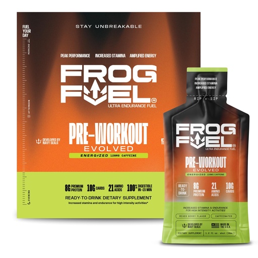 [BRSWIG3ZBYCRS3IV] Frog Fuel Ultra Energy Gel & Energized Pre Workout Shot with 120mg Caffeine, 1500mg Beta Alanine, Electrolytes 8g Protein Nano-Hydrolyzed Grass Fed Collagen, 10g Carbs, Berry, 1.2 oz Packets, 24 Pack