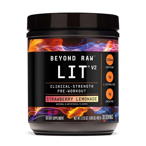 [BRSREGL4DFYA2YI3] BEYOND RAW LIT V2 Clinical Strength Pre Workout Powder, Hits Harder, Bigger Pumps, Caffeine, L-Citrulline, Creatine, Strawberry Lemonade, 30 Servings