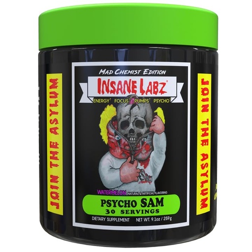[BRSRAAQFPIBRSDI4] Insane Labz Psycho Sam, High Stimulant Pre Workout Powder, 30 Srvgs (30 Servings (Pack of 1), Watermelon