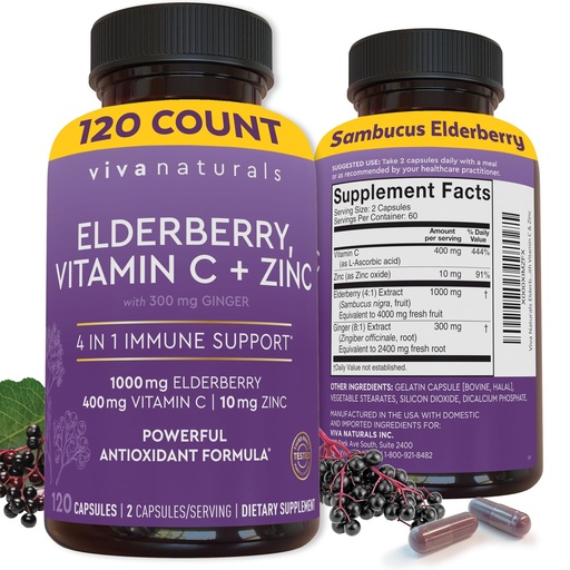 [BRSWKE34CYGG2DQZ] Viva Naturals Elderberry with Vitamin C and Zinc, 120 Capsules - 1000mg Sambucus Elderberry per Serving Immune Support Supplement, Black Elderberry Capsules for Adults, Elderberry Vitamins