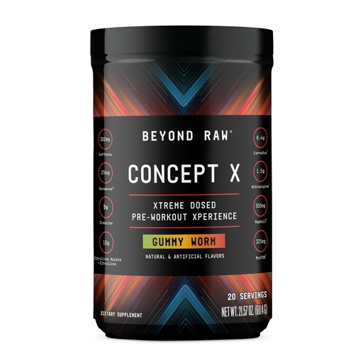 [BRSRMY3QO4BBMDLV] BEYOND RAW Concept X, Clinically Dosed Pre-Workout Powder, Contains Caffeine, L-Citrulline, Creatine, and Beta-Alanine, Gummy Worm Flavor, 20 Servings