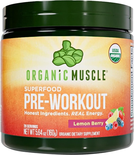 [BRSWKHD2CJ4BWF3V] Organic Muscle Organic Pre Workout Powder, Lemon Berry — USDA Organic Superfood Blend | Maca, Beet Root, Cordyceps, Rhodiola | 150mg Natural Caffeine, Vegan, No Jitters, 20 Servings