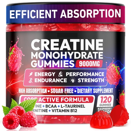 [BRSRE2QLAUNBOGQ2] Creatine Gummies Monohydrate Complex 9000MG, Pre-Workout for Men & Women, Creatine Gummy with L-Taurine, BCAA 2:1, B12/6 for Muscle Support, Enhance Strength, Energy Boost-120 Count