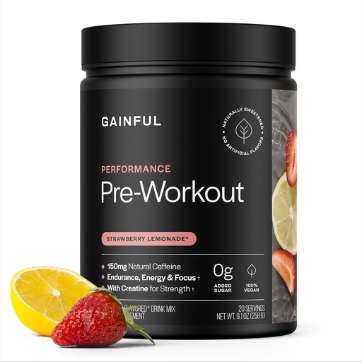 [BRSRACDQCUBGYEQ2] Gainful Pre Workout Powder, Caffeine Free with Creatine, L Citrulline, Beta Alanine, BCAA's, Energy & Muscle Support, 14 Servings (20 Servings, Strawberry Lemonade - Performance)