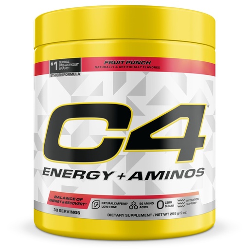 [BRSREYAZCMPBSYD4] C4 Energy + Aminos Powder, 5g BCAAs & EAAs for Muscle Recovery, 3 Electrolytes for Hydration, 100mg Natural Caffeine, Pre Workout, Zero Sugar, 30 Servings, Fruit Punch