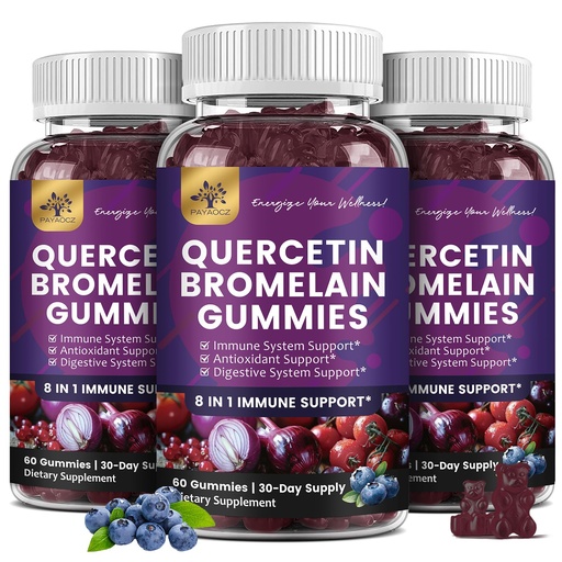 [BRSRGYYQAF7WOCA3] (3 Pack) Quercetin Gummies with Bromelain Zinc Elderberry Vitamin C D3 K2, Quercetin 1000mg Supplement with Bromelain 500mg for Cardiovascular, Immune System & Allergy, Vegan Gummy for Adult & Kid