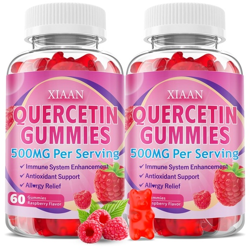 [BRSREBA2AQGREAA3] Quercetin Gummies 500mg for Kids & Adults, Organic Quercetin Supplements with Bromelain Zinc Vitamin C and D3 Support Antioxidant & Immune System Health, Raspberry Flavor 120 Count