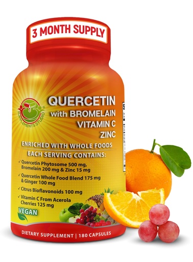 [BRSWYA33CEFAEGTD] Quercetin with Bromelain – Quercetin Phytosome 500 mg High Absorption Supplement – Immune Support with Vitamin C, Zinc, Ginger & Citrus Bioflavonoids – Organic Whole Food Blend – 180 Capsules
