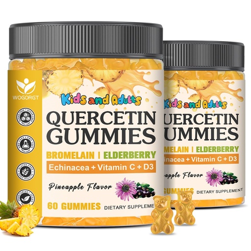 [BRSREAQ6OACGCDL6] Quercetin Gummies with Bromelain for Adults & Kids - 800mg Quercetin with Bromelain, Elderberry, Vitamin C, D3 - Immune, Seasonal Wellness Support - Sugar Free, Vegan, Pineapple Flavor, 60 Ct (2 Pack)