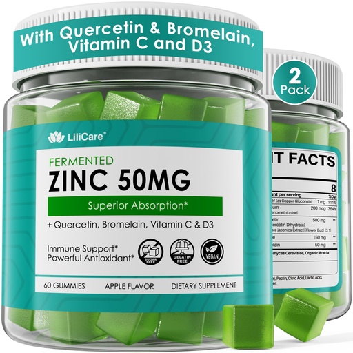 [BRSRGEA6A4BAODYU] Fermented Zinc Gummies 50mg, Quercetin, Bromelain, Vitamin C & D3, Superior Absorption Zinc Supplements for Women & Men, Immune, Powerful Antioxidant, Zinc Picolinate Alternaitive, Sugar Free, 2 Pack