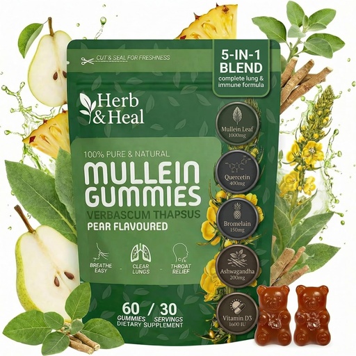 [BRSREH3ROEJQADLV] (5-in-1) Mullein Gummies for Lungs Cleanse & Detox | Organic Mullein Leaf Gummies for Lung Health, Heavy Smokers Breathing Support | Ashwagandha, Vitamin D3, Quercetin & Bromelain – Pack of 60