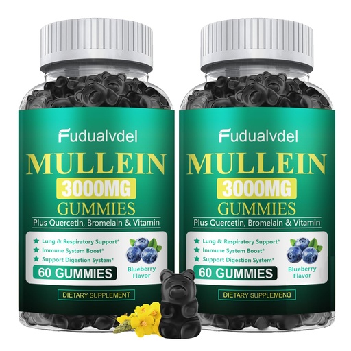[BRSREELYBYHGMC3D] 3000mg Organic Mullein Gummies - Contains Mullein Leaf Extract, Supplement Breathing with Quercetin and Bromelain, Immune Support, 120 Cts