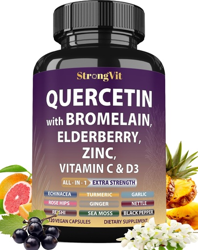 [BRSREEI2C4NAKYIZ] StrongVit Quercetin with Bromelain, Elderberry, Vitamin C, D3 and Zinc. Super Immune Support Supplement. Organic Complex for Men & Women, Non-GMO, Gluten-Free, Vegan, USA (120 Capsules)