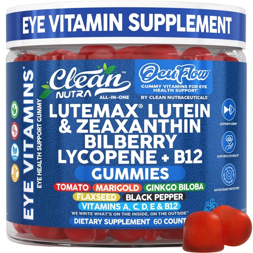 [BRSREZIDCQPQY33D] Clean Nutra Lutein and Zeaxanthin Eye Vitamins Gummies + Bilberry for Eyes Vision Support Ginkgo Biloba Marigold, Vitamin B12 Flaxseed Black Pepper CoQ10 Vitamin A l 60 Count B OcuFlow